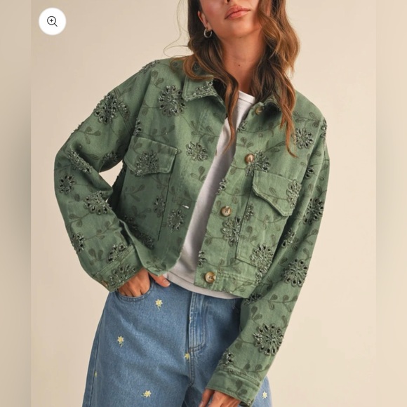 Altar'd State Jackets & Blazers - Altar'd State Olive Green Embroidered Cropped Jean Jacket